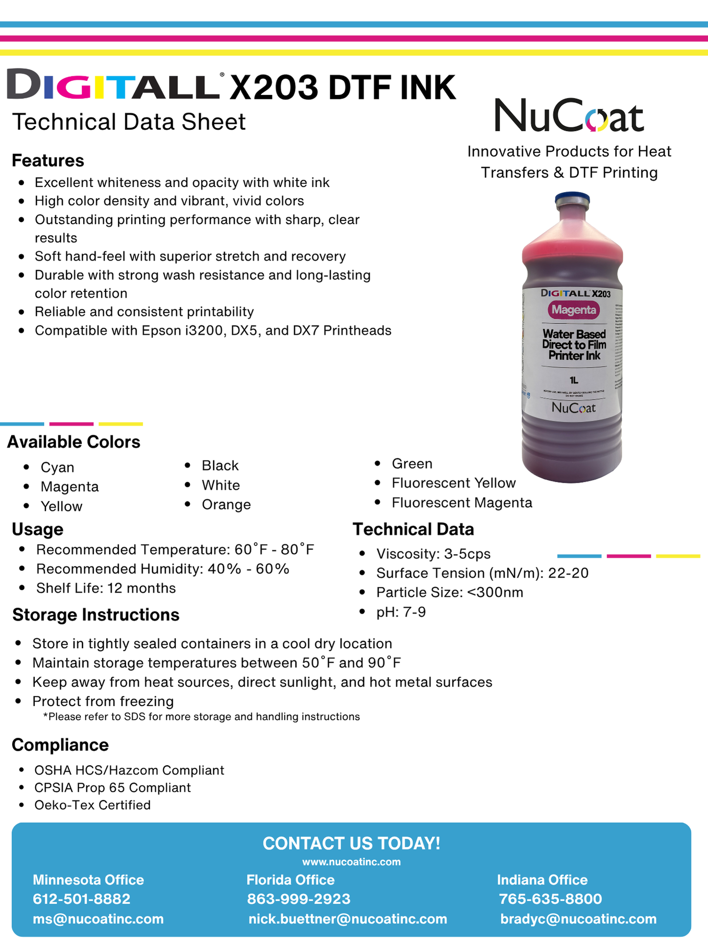 DIGITALL X203 Fluorescent Yellow and Fluorescent Magenta DTF Inks 1 Liter Bottle