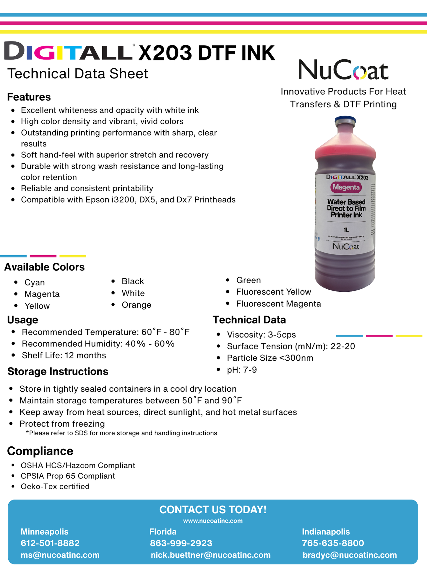 Digitall X203 Fluorescent Yellow and Fluorescent Magenta DTF Inks 1 Liter Bottle