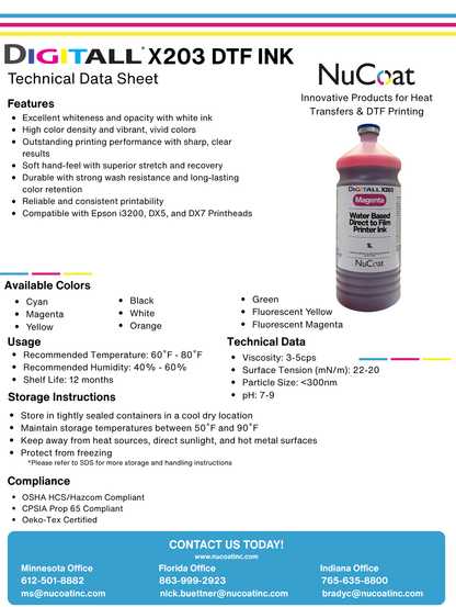DIGITALL X203 Fluorescent Yellow and Fluorescent Magenta DTF Inks 1 Liter Bottle